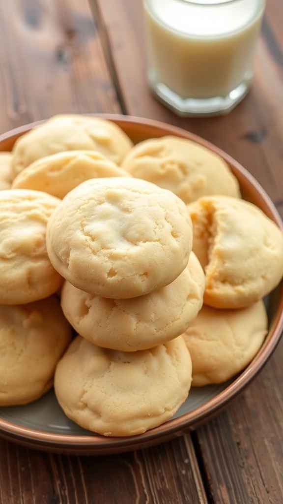 A plate of soft sour cream cookies stacked with a glass of milk on a rustic table.